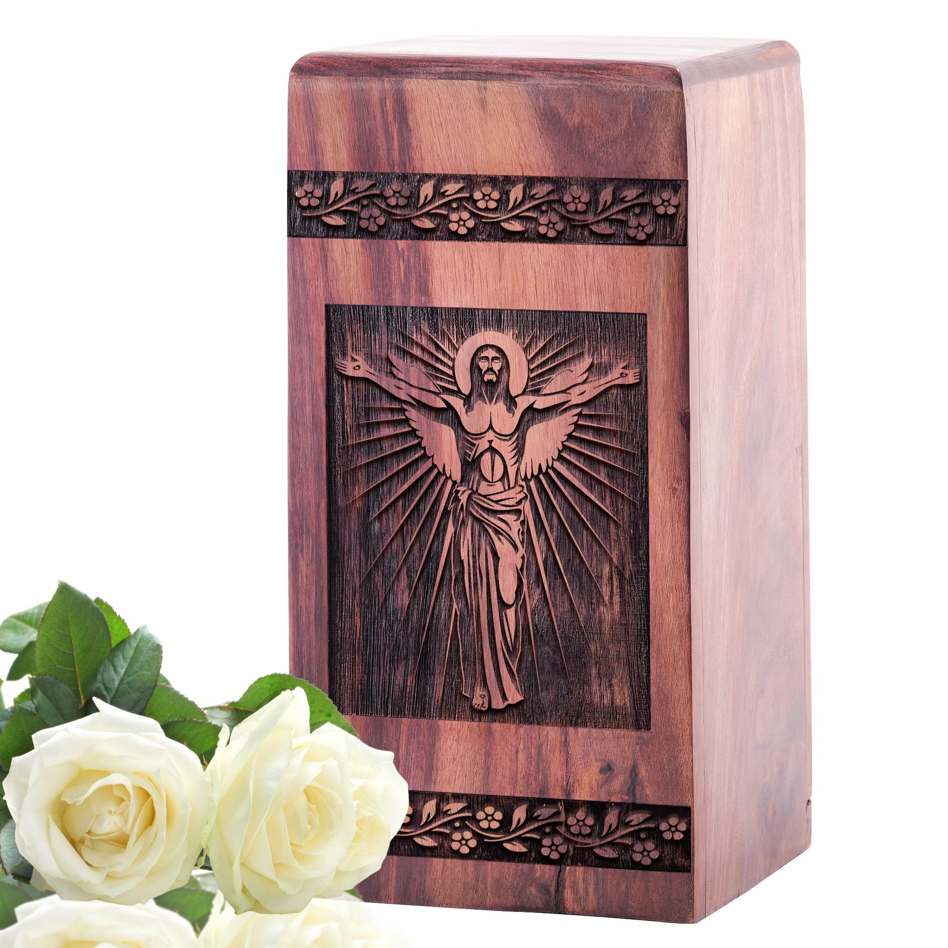 Large wooden Jesus urn for cremation ashes, suitable for adult female mom burial