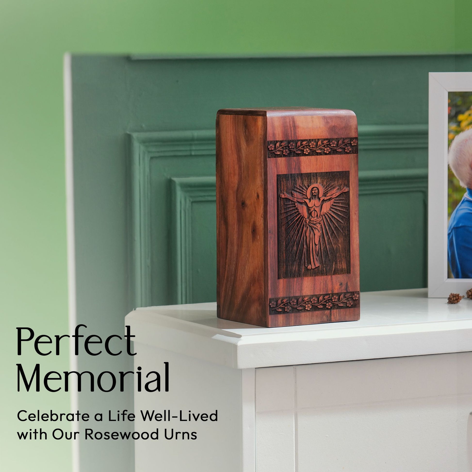 Large wooden Jesus urn for cremation ashes, suitable for adult female mom burial