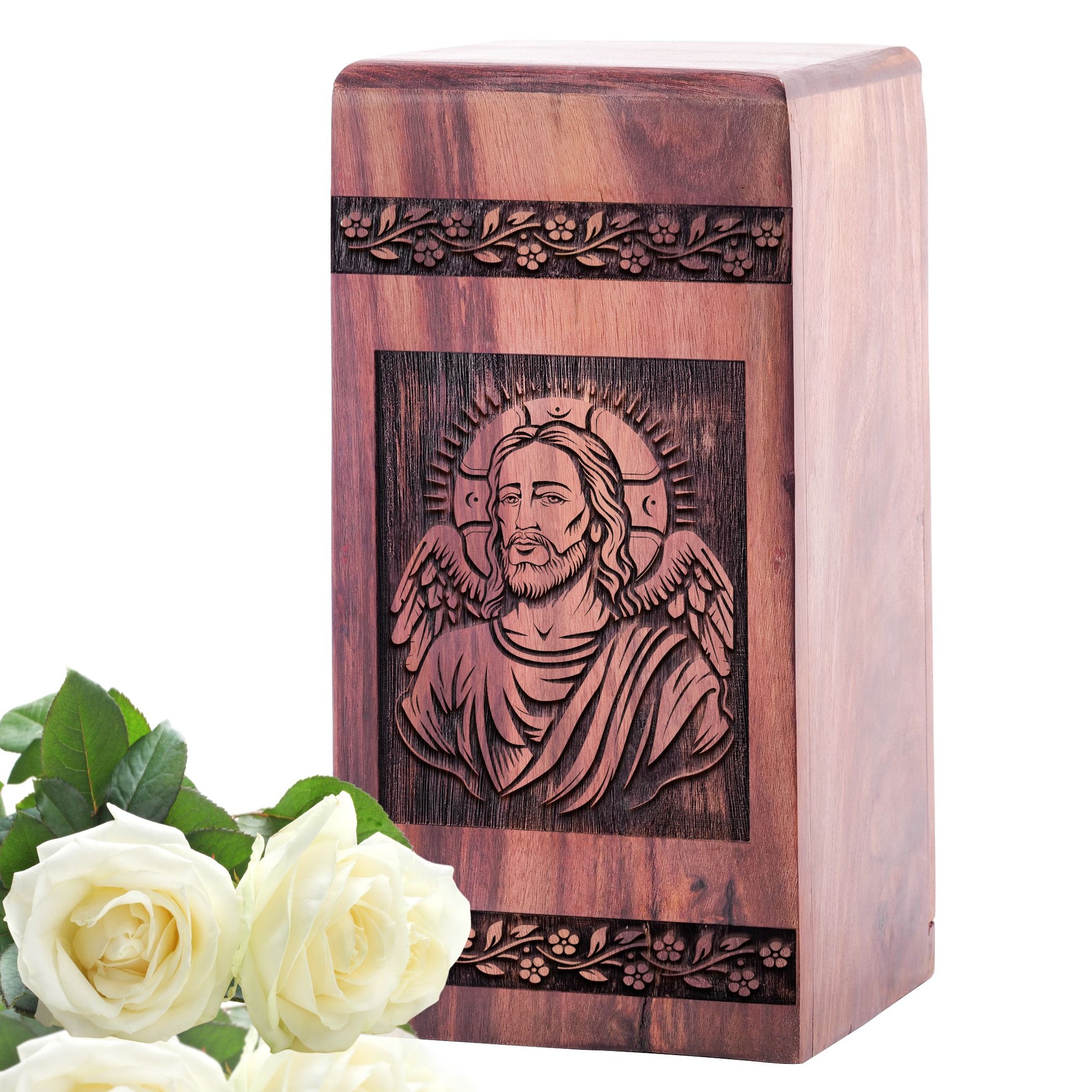 Large wooden cremation urn with Jesus design, a funeral urn for adult men ashes, suitable for mom too