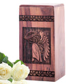 Distinct Jesus themed wooden urn, ideal for cremated human ashes. Suitable for adult usage and cremation companion.