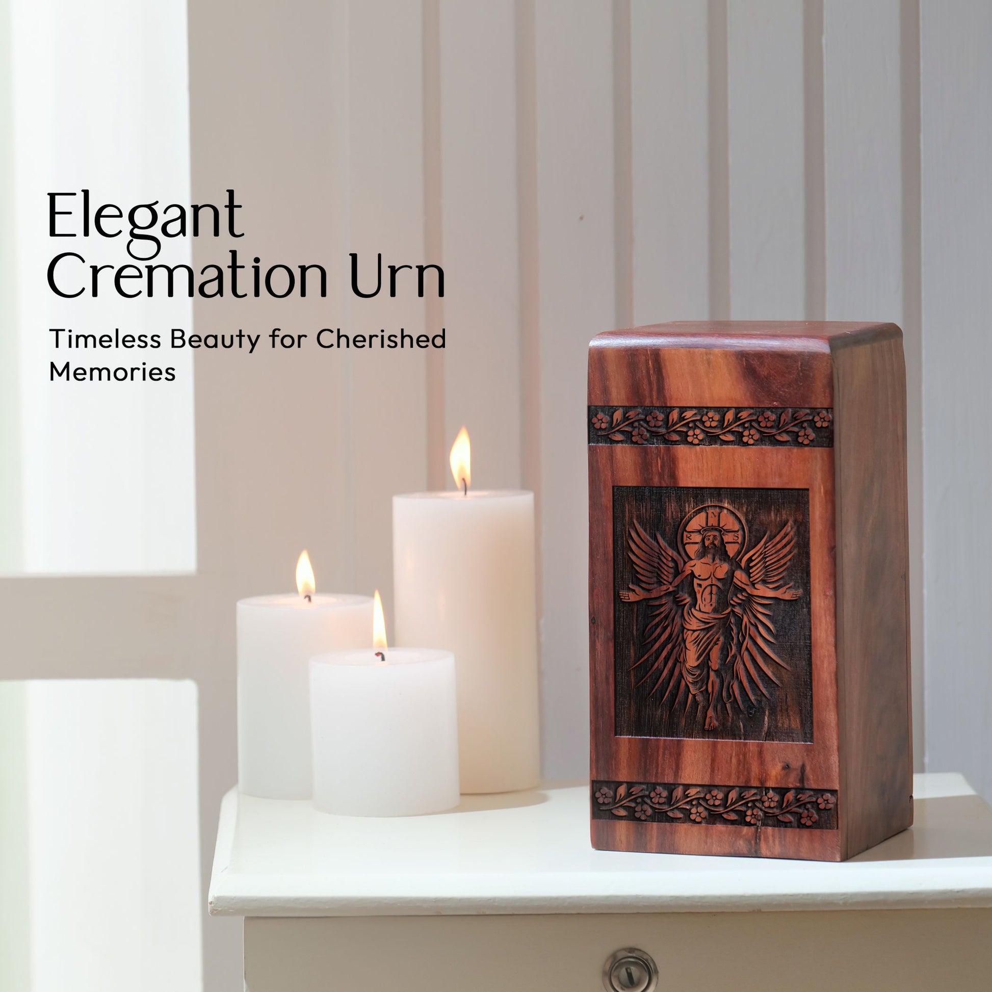 Large wooden Jesus-themed cremation urn for adult men's ashes, ideal for commemorating Dad