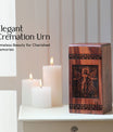 Large wooden Jesus-themed cremation urn for adult men's ashes, ideal for commemorating Dad