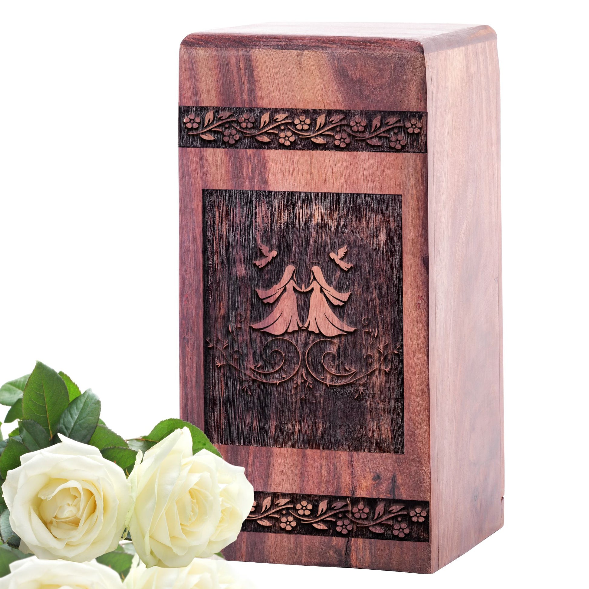 Large wooden cremation urn designed for adult female ashes, ideal as a memorial urn