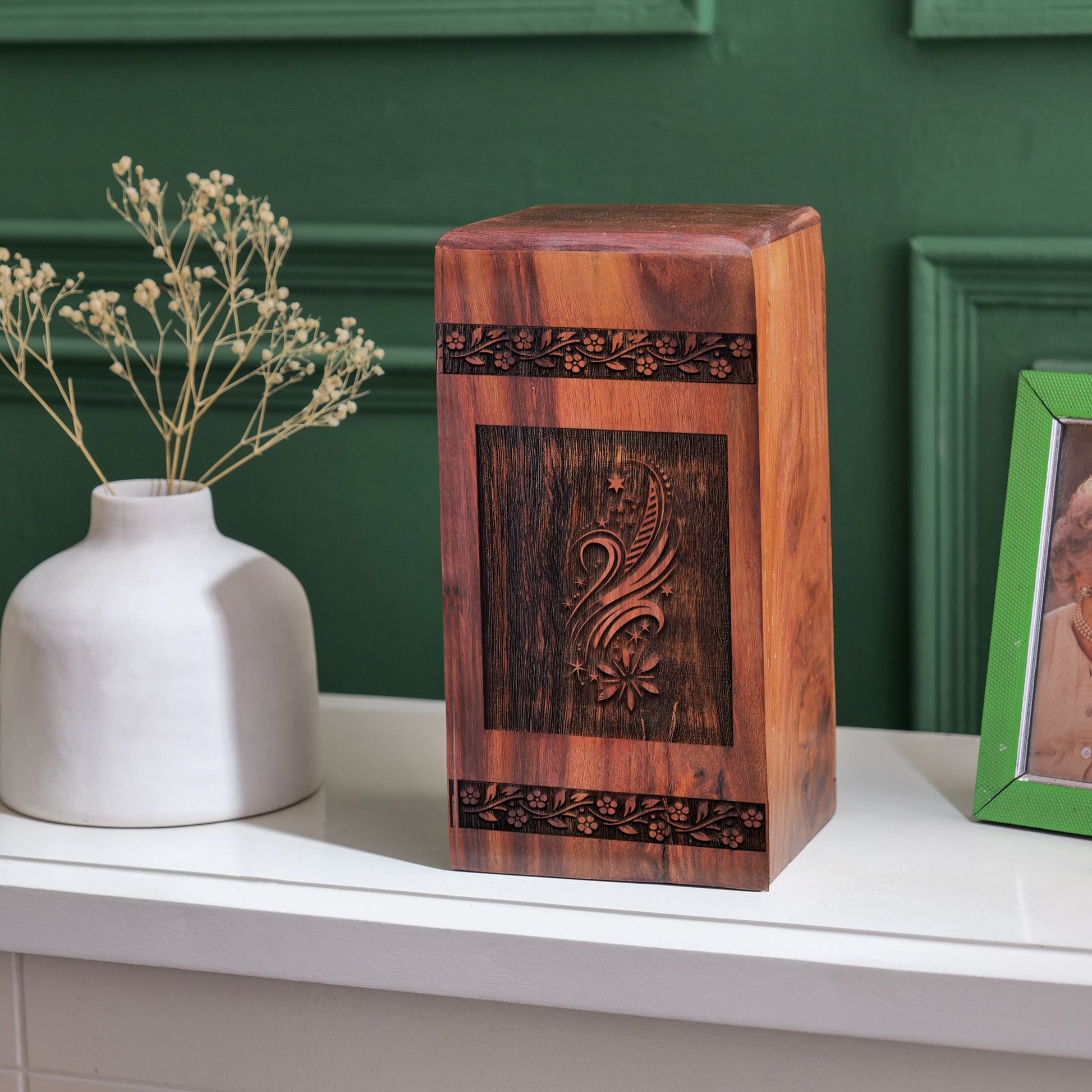 Large wooden Angel Urn for human ashes, primarily designed for adult male ashes