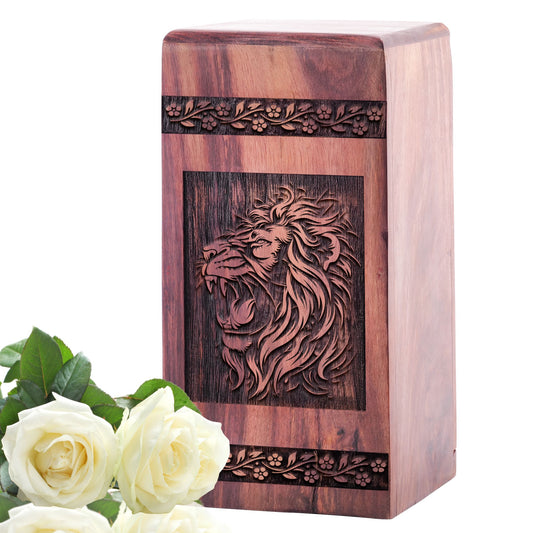 Lion urn made from wood, suitable for storing ashes of loved ones, both adult male and female