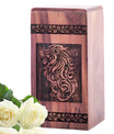 Picture of a wooden Lion Urn for human ashes, ideal for adult female burial and cremation ceremonies