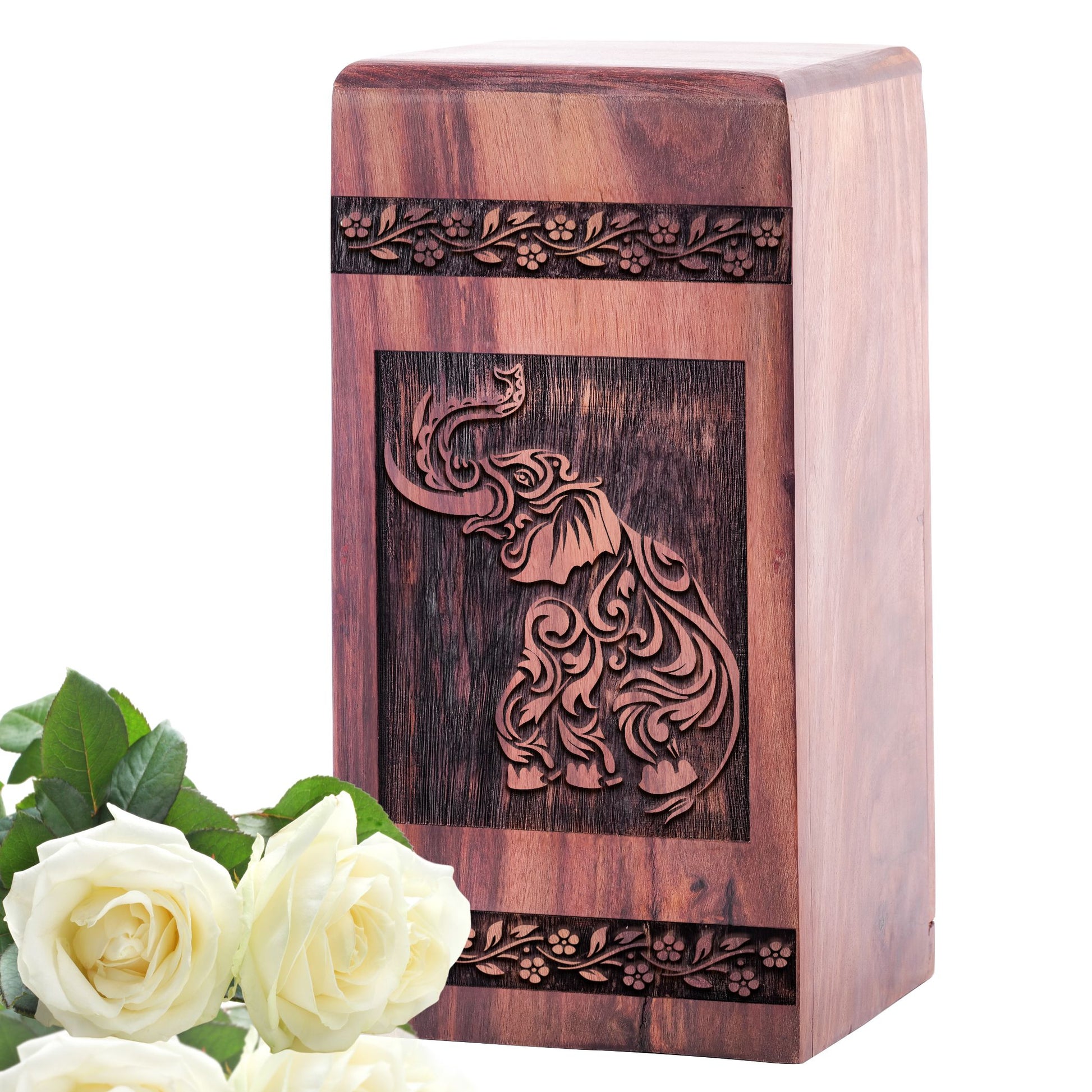 Large elephant designed wooden urn for cremation, suitable for human ashes and adult burial