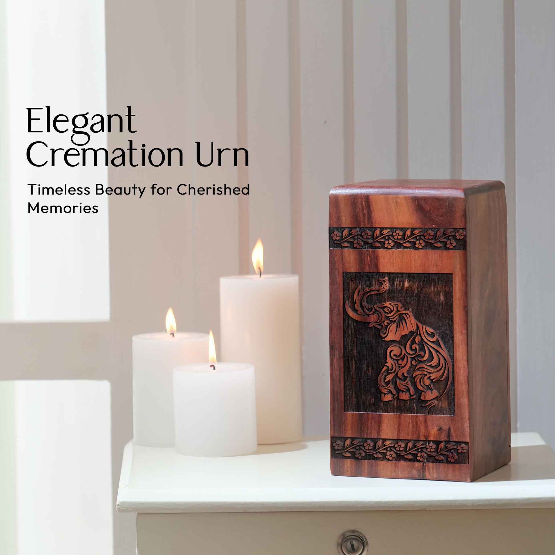 Large elephant designed wooden urn for cremation, suitable for human ashes and adult burial