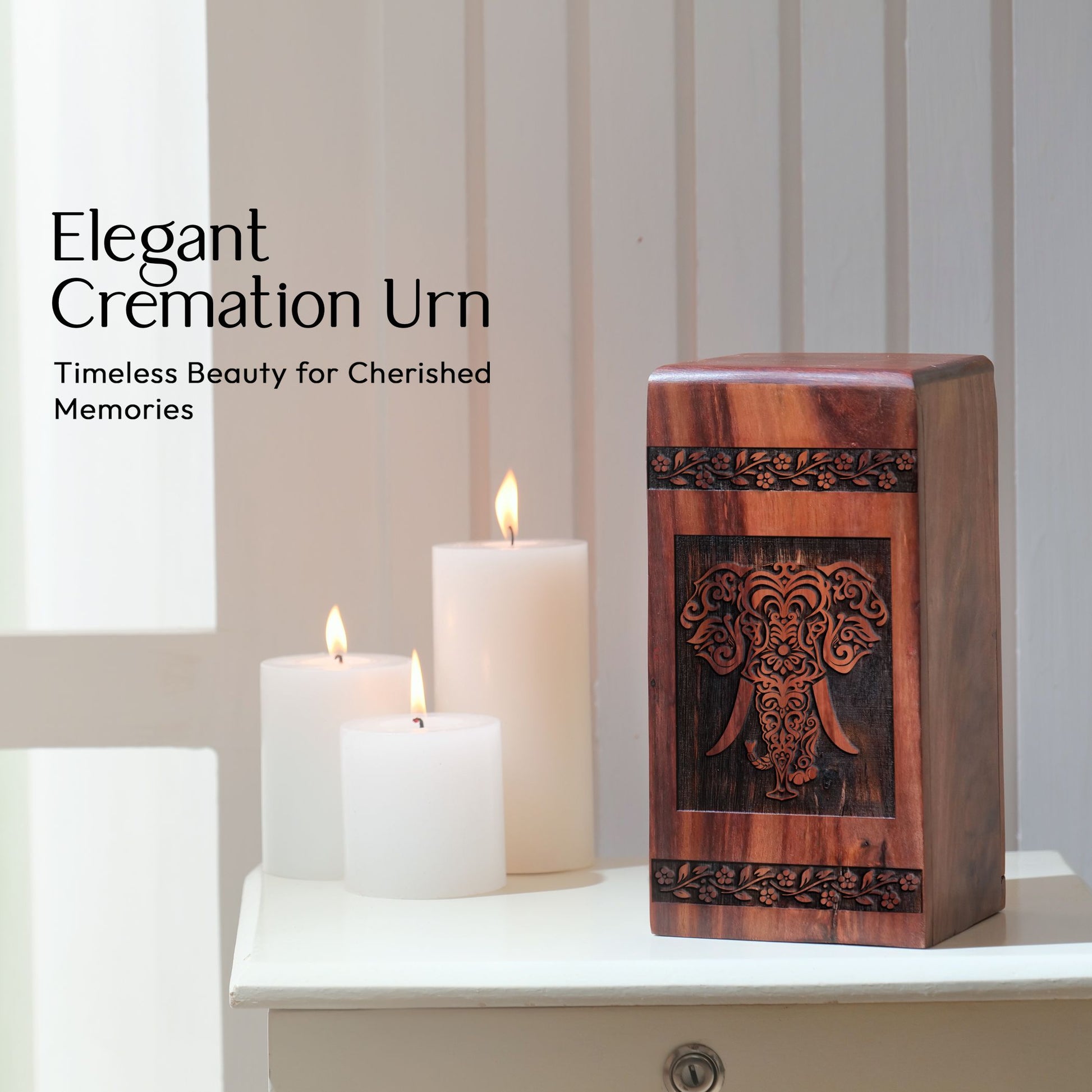 Elegant wooden cremation urn featuring elephant design, ideal for adult female ashes, decorative for burial