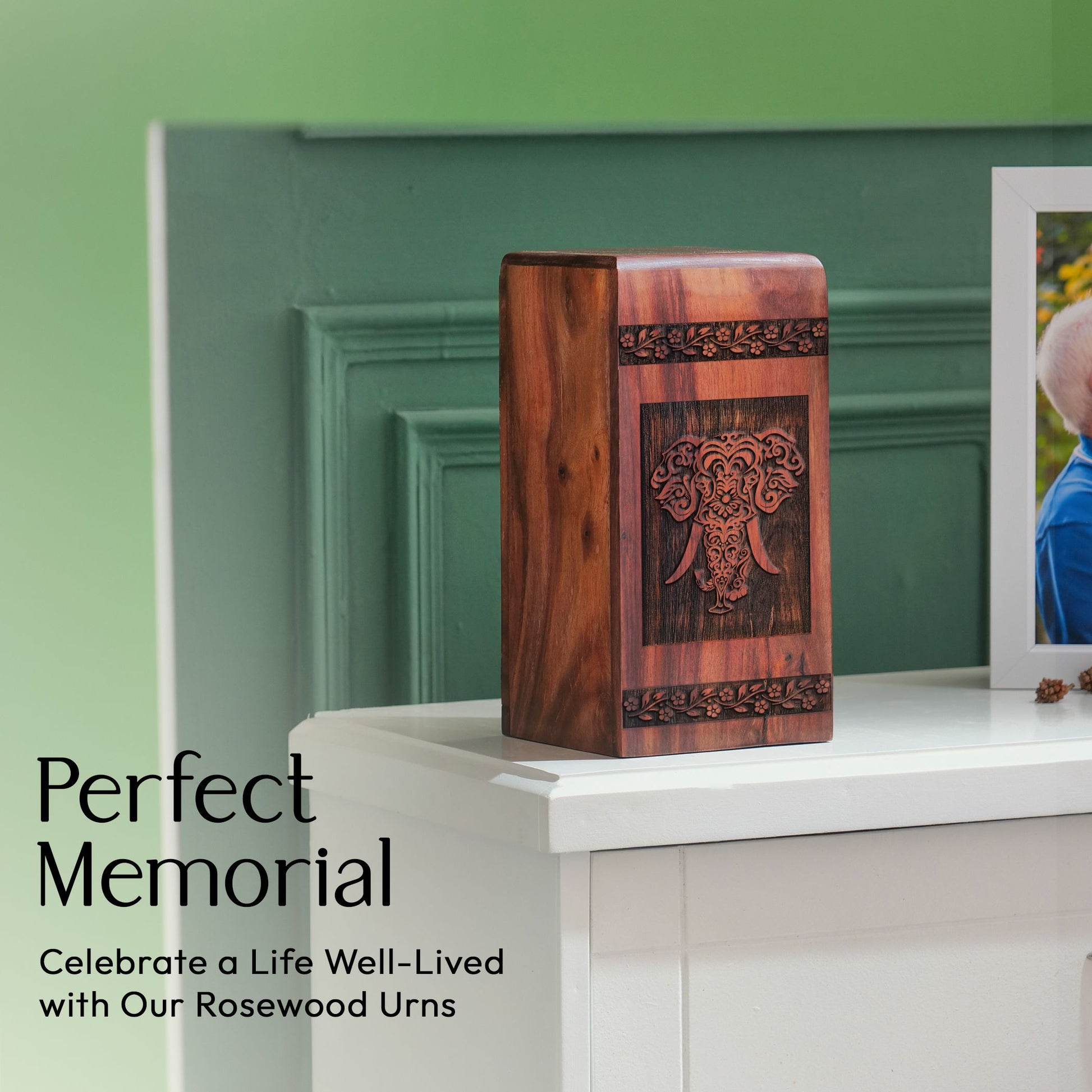 Elegant wooden cremation urn featuring elephant design, ideal for adult female ashes, decorative for burial