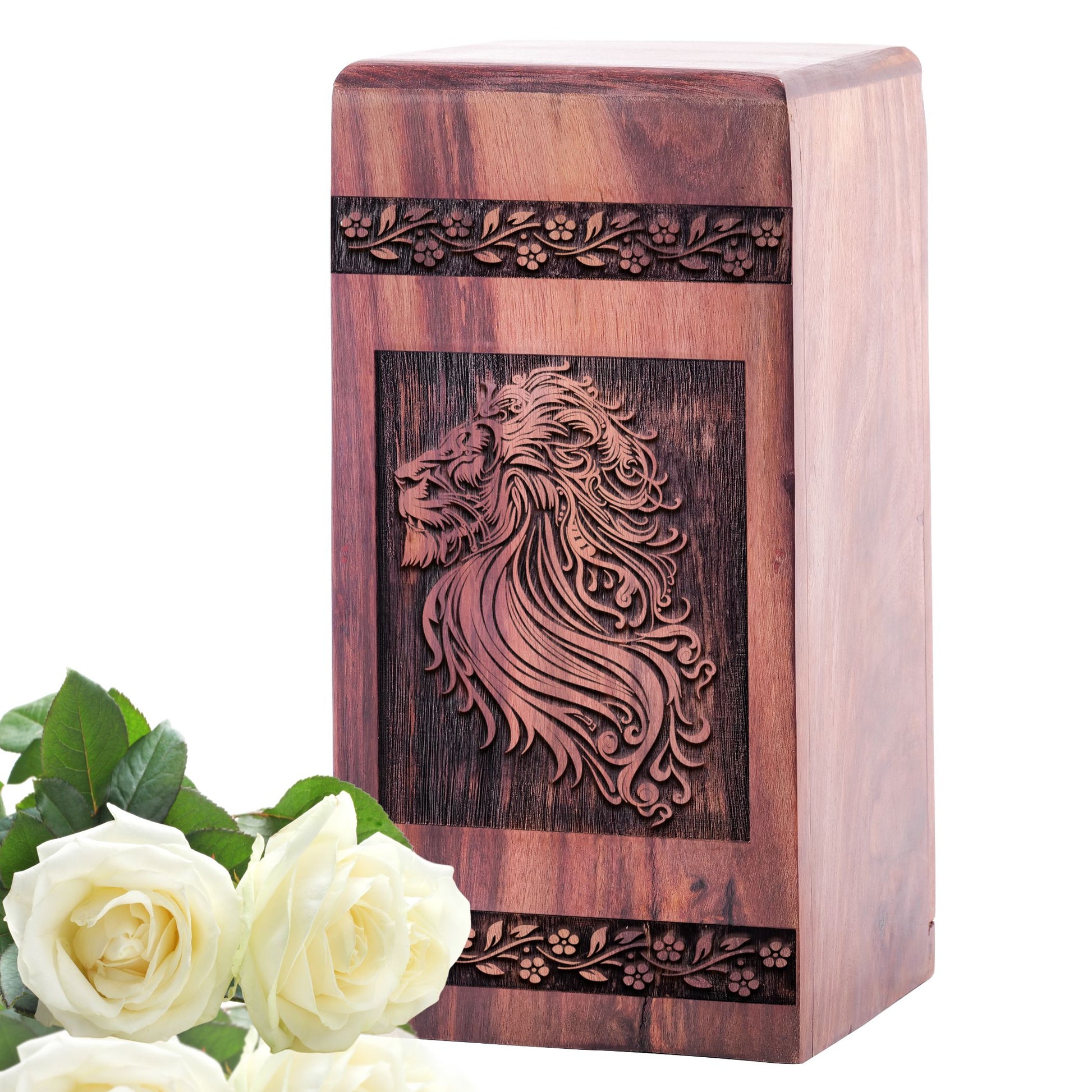 Handcrafted wooden lion-shaped urn for adult human ashes, ideal for funeral or memorial service