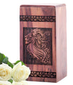 Handcrafted wooden lion-shaped urn for adult human ashes, ideal for funeral or memorial service