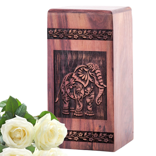 Sturdy wooden Elephant urn, adult cremation urn for men symbolizing strength and family, ideal ash urn for beloved dad