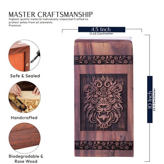 Artistic Lion themed cremation urn, wooden memorial urn for women's ashes, featured in mosaic design