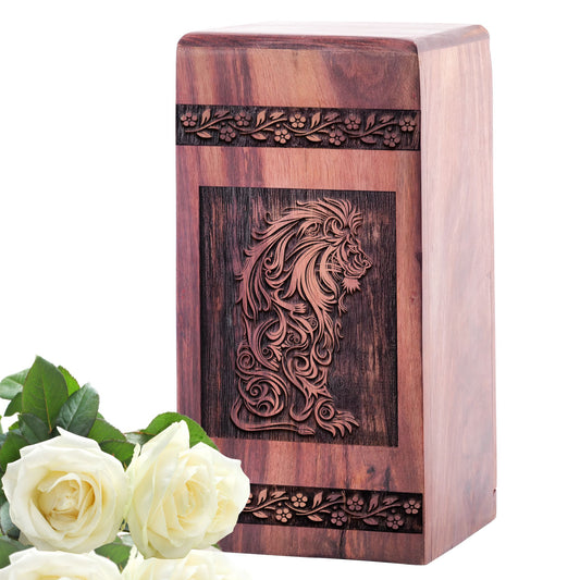 Lion styled wooden urn designed for adult male human ashes, a symbolic resting place.