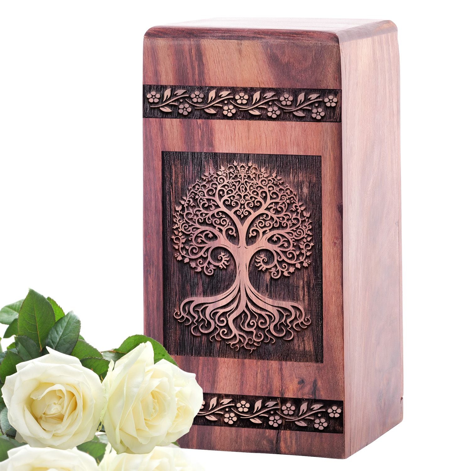 Engraved wooden Tree of Life urn for human ashes, ideal memorial urn for mom, and suitable for adult ashes burial