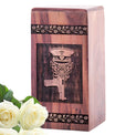 Adult male wooden cremation urn for human ashes, designed as a decorative burial urn