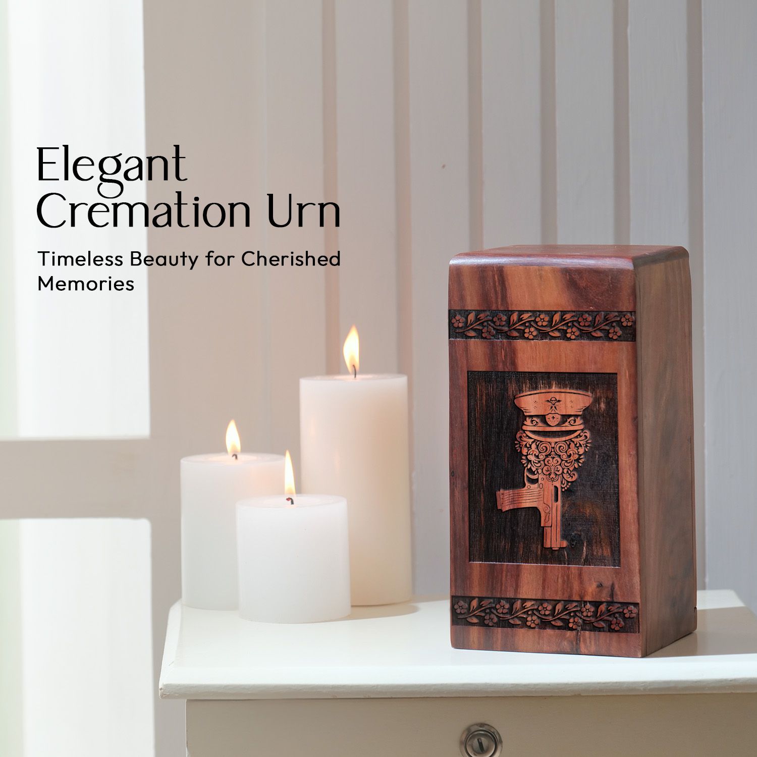 Adult male wooden cremation urn for human ashes, designed as a decorative burial urn