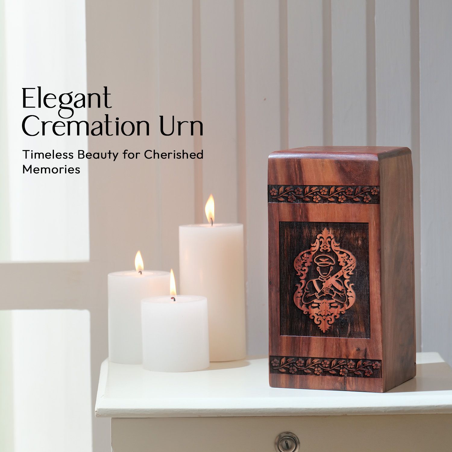 Elegant wooden cremation urn for adult human ashes, suitable for funerals, commemorative for an adult man or dear mom