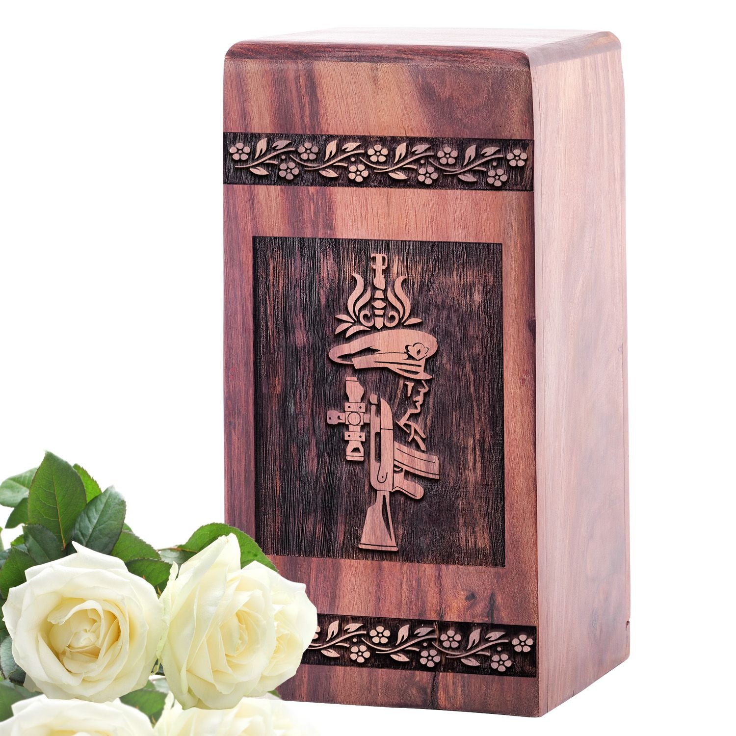 Elegant wooden urn for adult human ashes, ideal cremation container for women