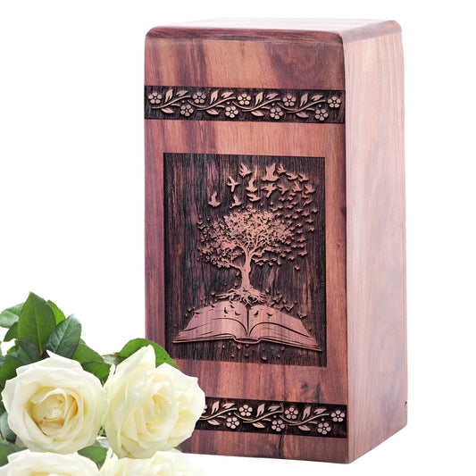 Eco-friendly Tree of Life urn, suitable as elegant funeral decoration or burial urn for human ashes, ideal for adults and women.