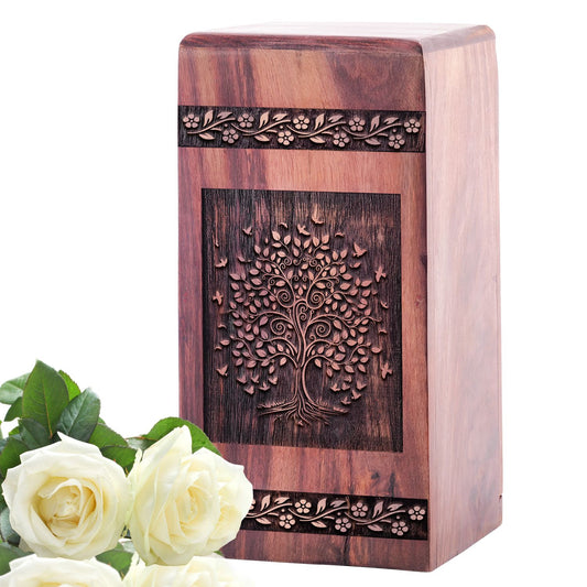 Elegant Tree of Life cremation urn crafted in wood, perfect memorial for women's ashes