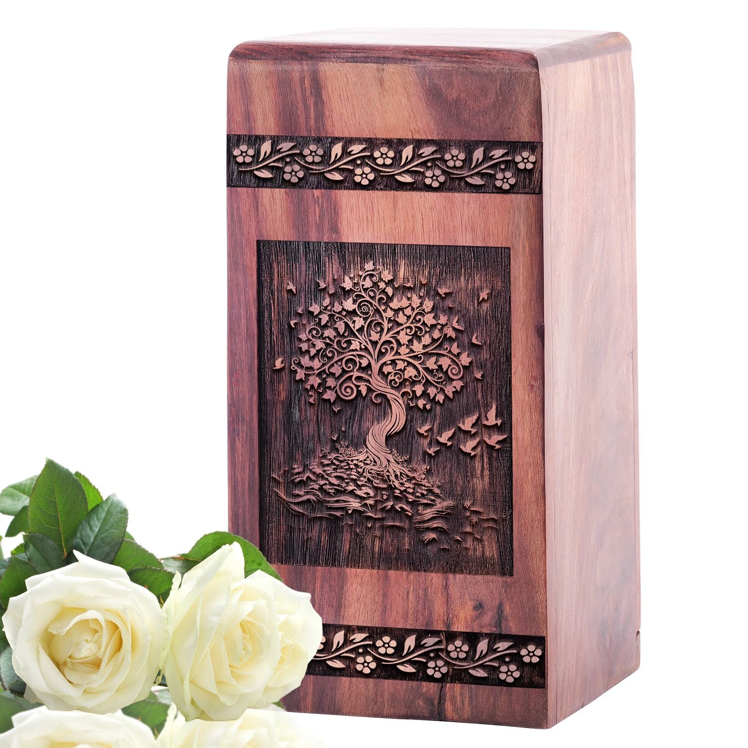 Elegantly crafted Tree Of Life wooden urns, suitable as cremation containers for adult human ashes