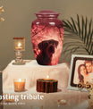 Dog in Glowing Red Blossoms Urn Memorial Urn for Ashes