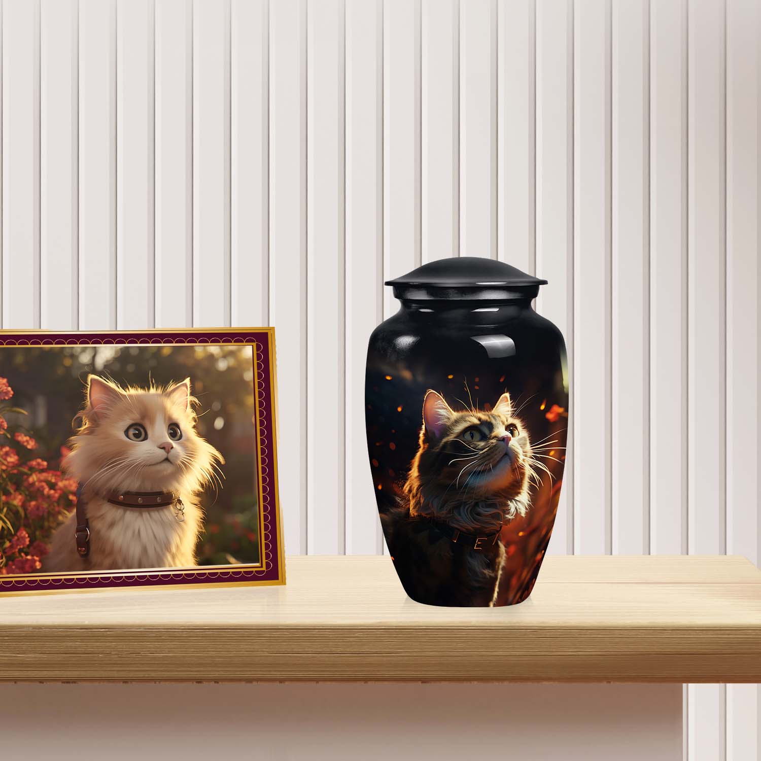 Cat Memorial Urn for Ashes with Fiery Theme