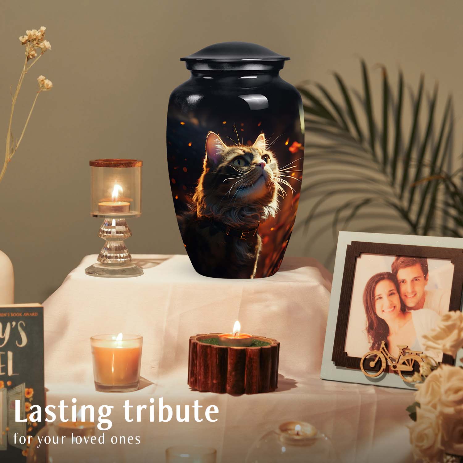 Cat Memorial Urn for Ashes with Fiery Theme