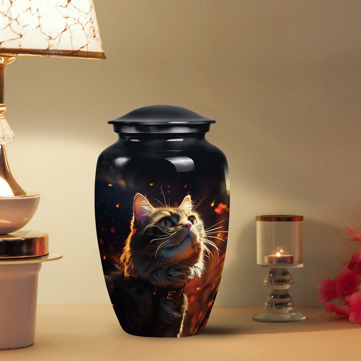 Cat Memorial Urn for Ashes with Fiery Theme